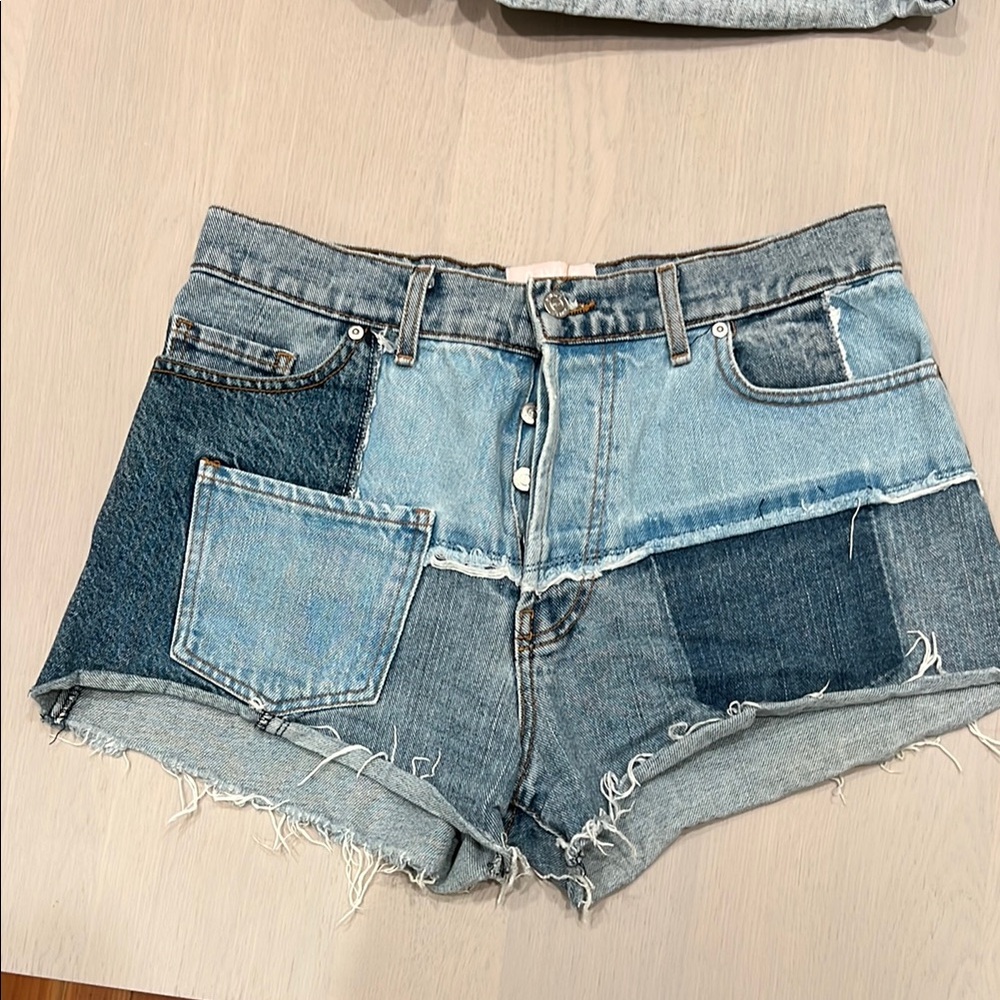 REVICE Blue Jean Shorts High-Waisted Patchwork Design